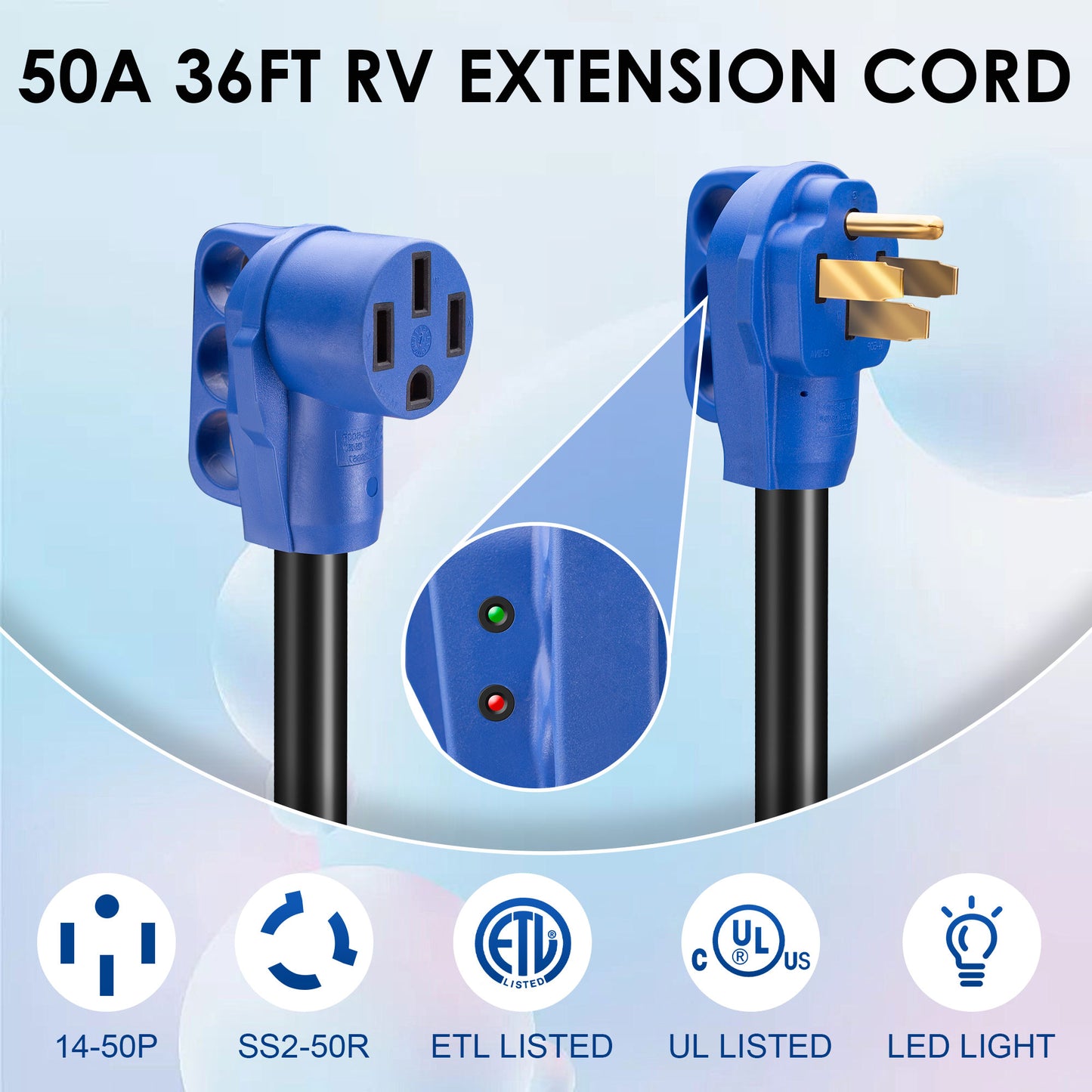 EPICORD 36ft 50amps RV Extension Cord with Finger Grip Plug with Indicator and Female Receptacle