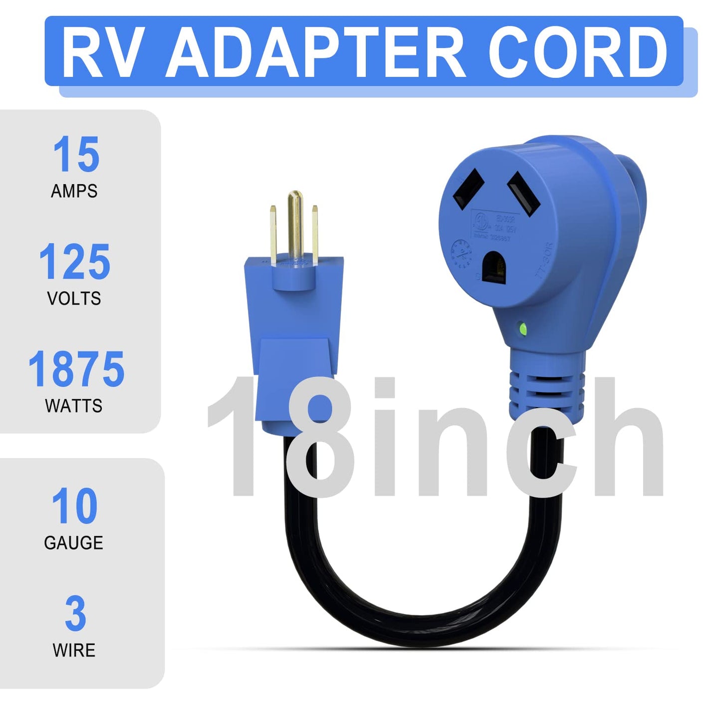 EPICORD 15 Amp Male to 30 Amp Female RV Adapter Cord Part 18inch with LED Power Indicator-Blue