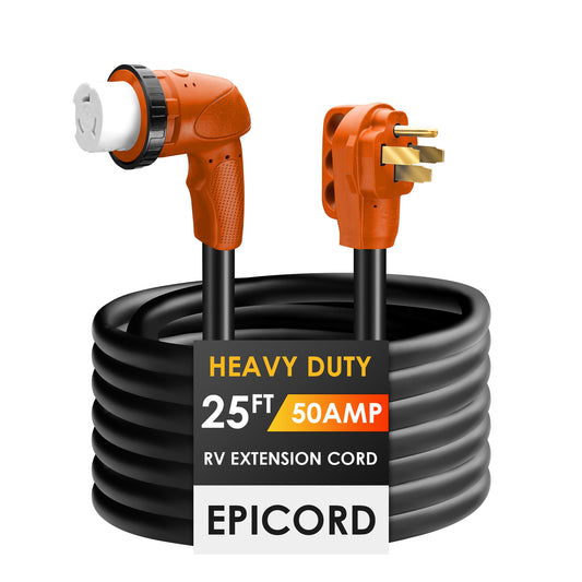 EPICORD 25Ft 50Amps RV Extension Cord with 90 Degree Angle Twist Lock,Plug W/Handles with Indicator