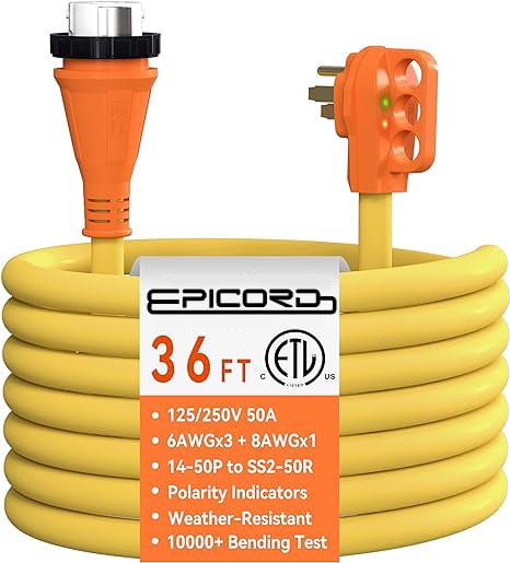 EPICORD 36FT 50Amps RV Extension Cord with LED Safe Indicators&Twist Lock,6/3+8/1 AWG,125/250V,ETL Listed