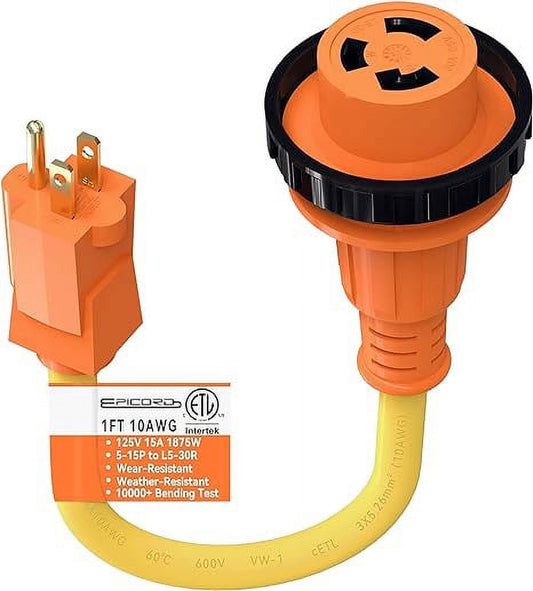 EPICORD 30Amp Male to 15Amp Female Dogbone Adapter RV Electrical Converter Cord Cable-Orange