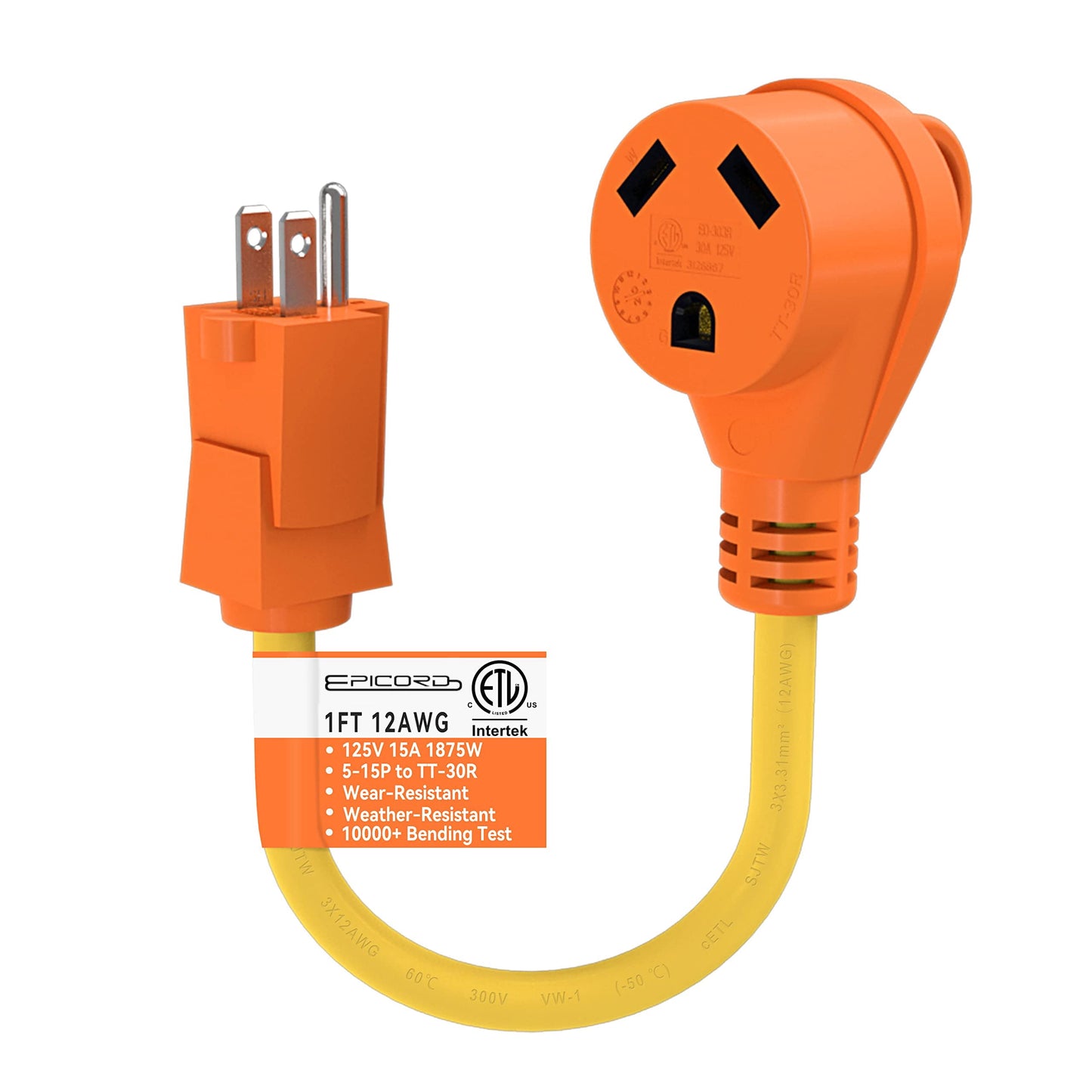 EPICORD 30Amp Male to 15Amp Female Dogbone Adapter RV Electrical Converter Cord Cable-Orange