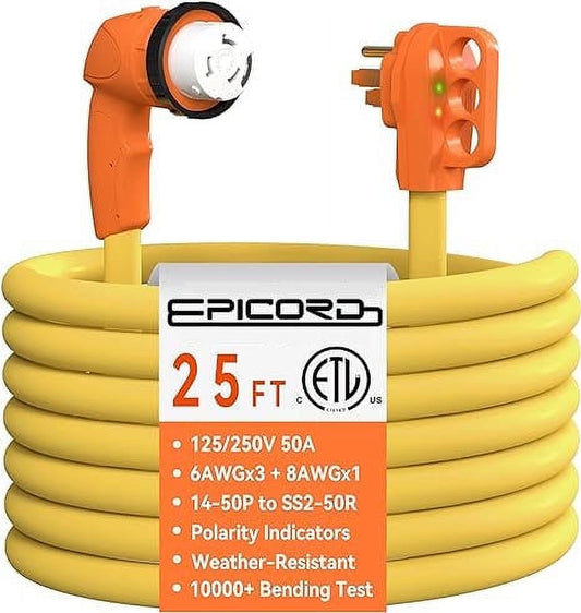 EPICORD 25ft 50amps RV Extension Cord with LED Safe Indicators&Twist Lock,6/3+8/1 AWG,125/250V,ETL Listed