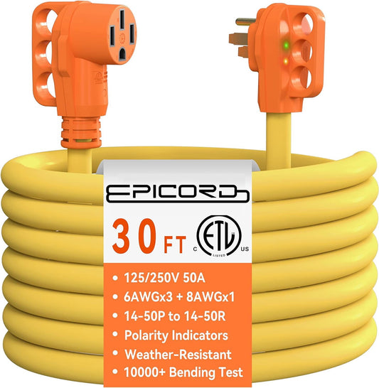 EPICORD 30FT 50amps RV Extension Cord with LED Safe Indicators&Twist Lock,6/3+8/1 AWG,125/250V,ETL Listed