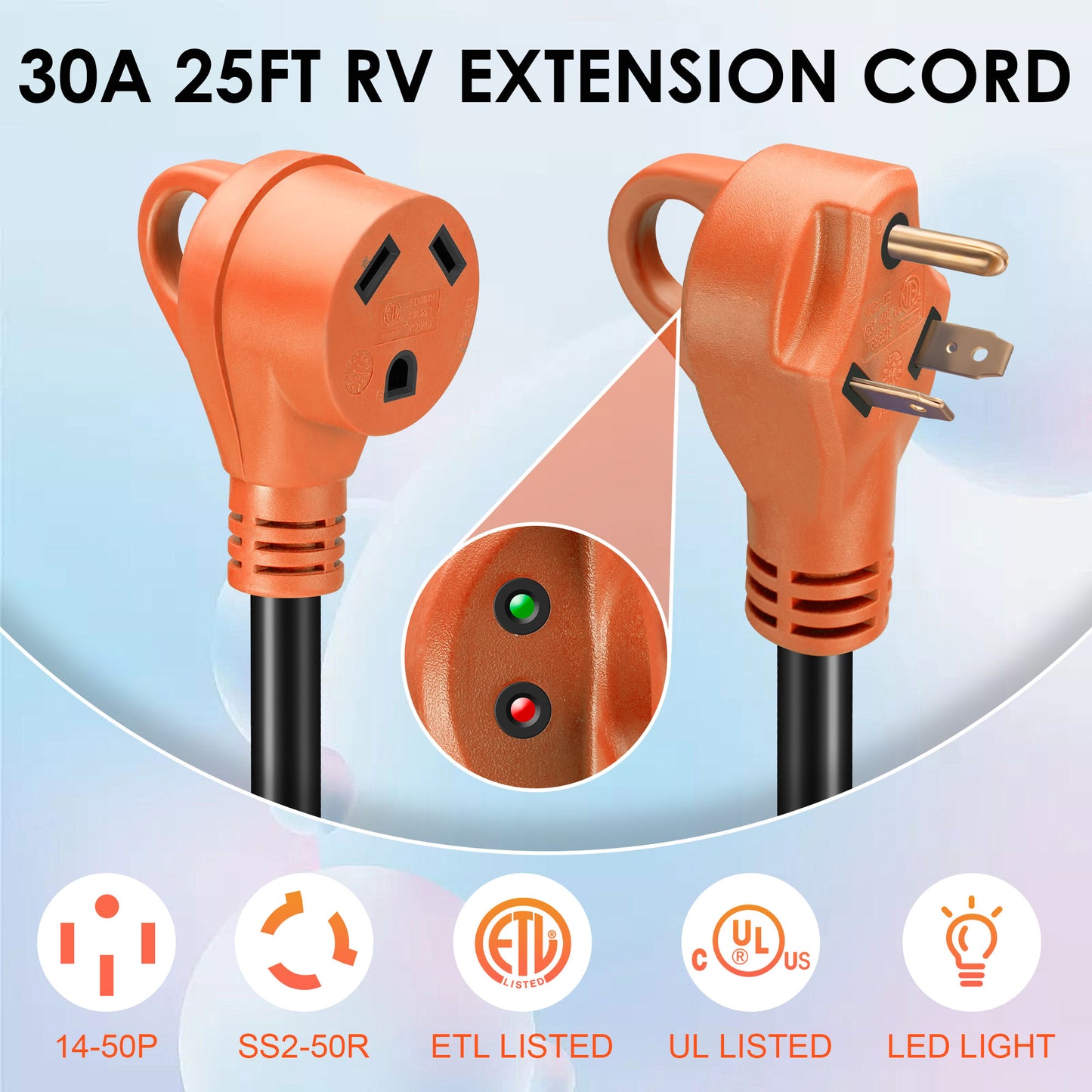 EPICORD 25ft 30Amps RV Extension Cord with Finger Grip Plug with Indicator and Female Receptacle