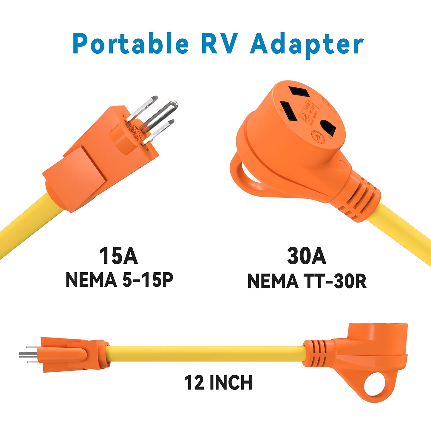 EPICORD 30Amp Male to 15Amp Female Dogbone Adapter RV Electrical Converter Cord Cable-Orange