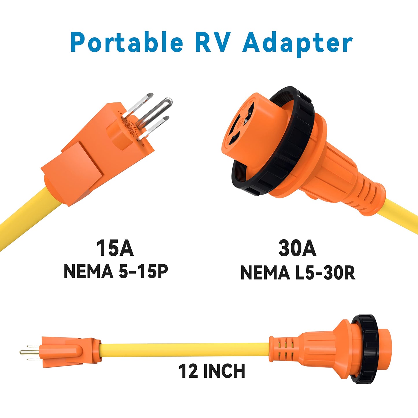 EPICORD 30Amp Male to 15Amp Female Dogbone Adapter RV Electrical Converter Cord Cable-Orange