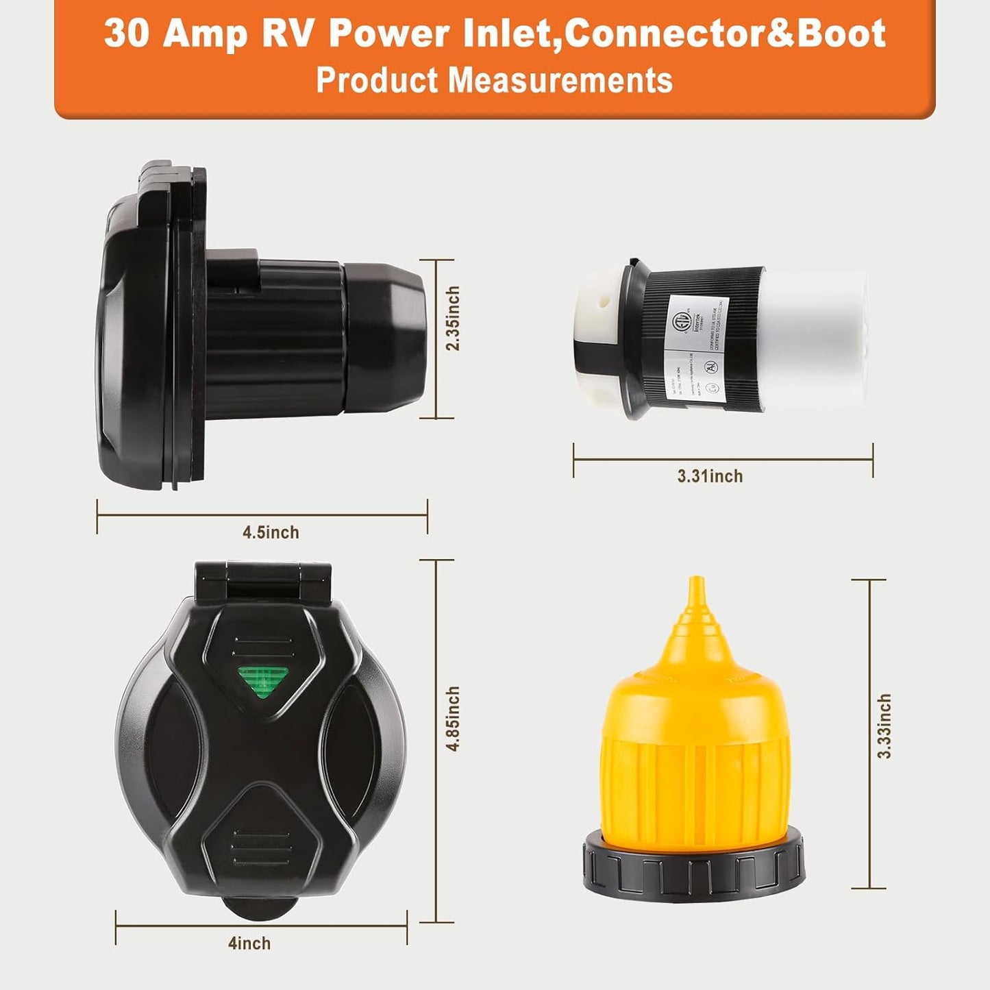 EPICORD 30 AMP RV Power Inlet Receptacle Power Plug with Indicator,125V,Female Twist Locking Connector with Weatherproof Cover Boot Kit for RV Trailer Boat Caravan Camper,NEMA L5-30R